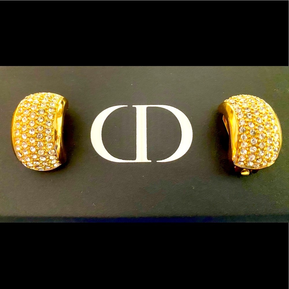 Authentic Christian Dior Large Pave Vintage Clip On Earrings